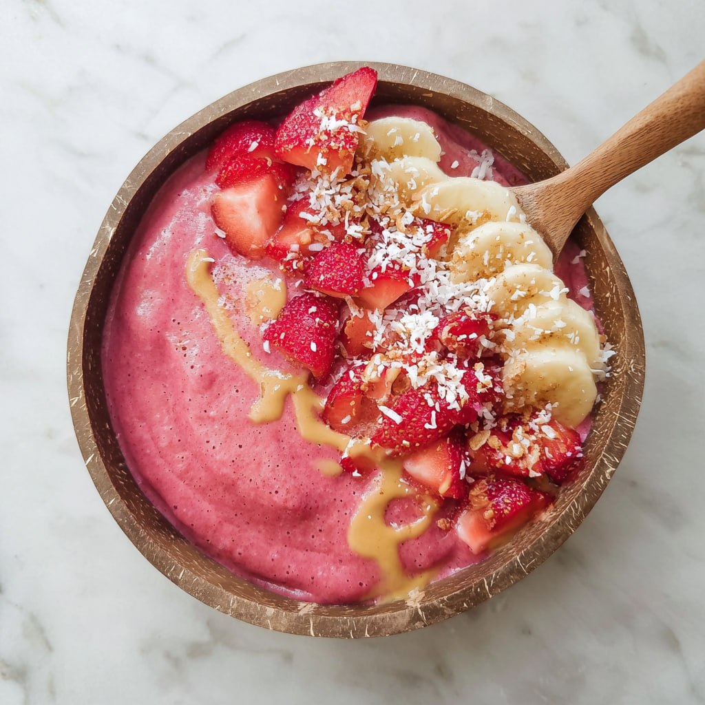 Strawberry banana smoothie bowl with thick pink purée, fresh strawberries, banana slices, granola, chia seeds, and coconut flakes on top