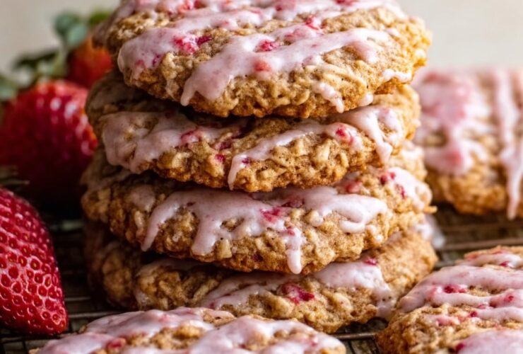 Strawberry iced oatmeal cookies with pink glaze drizzle, freeze-dried strawberry sprinkles, and chewy oat texture on a white plate