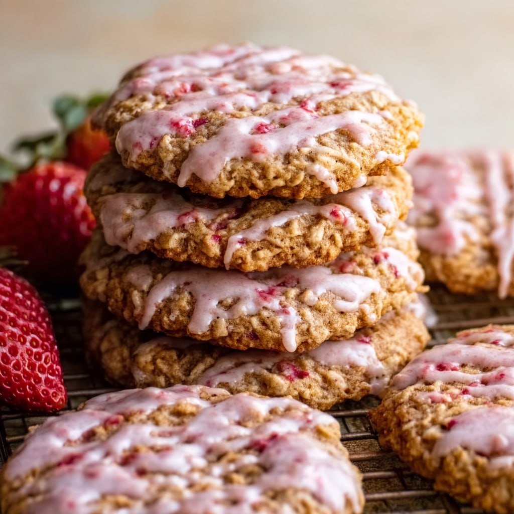 Strawberry iced oatmeal cookies with pink glaze drizzle, freeze-dried strawberry sprinkles, and chewy oat texture on a white plate
