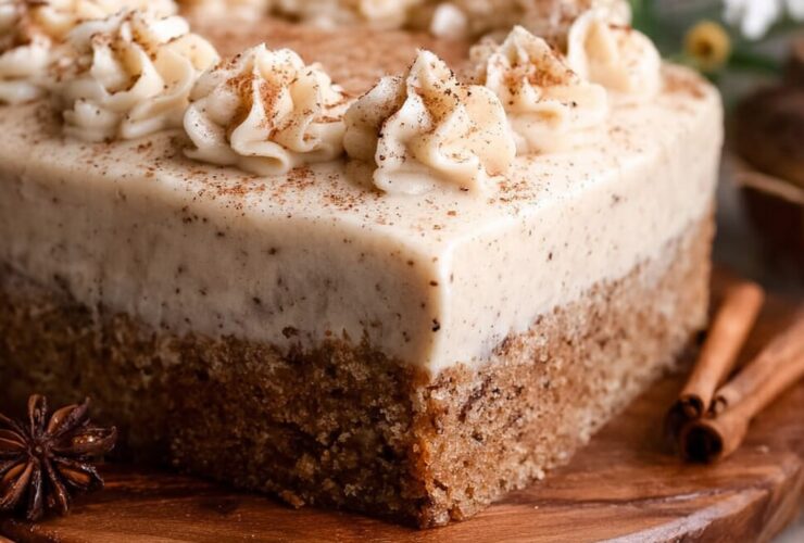 Ultra-moist chai cake with brown butter cream cheese frosting, cinnamon dust, candied ginger, and visible chai-milk-soaked layers