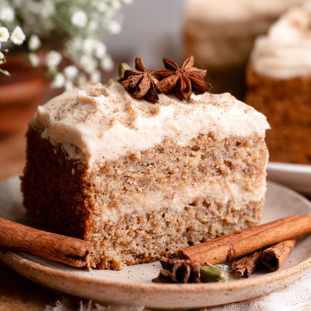 Slice of chai cake showing tender milk-soaked sponge with cinnamon-cardamom-clove specks and silky brown butter frosting
