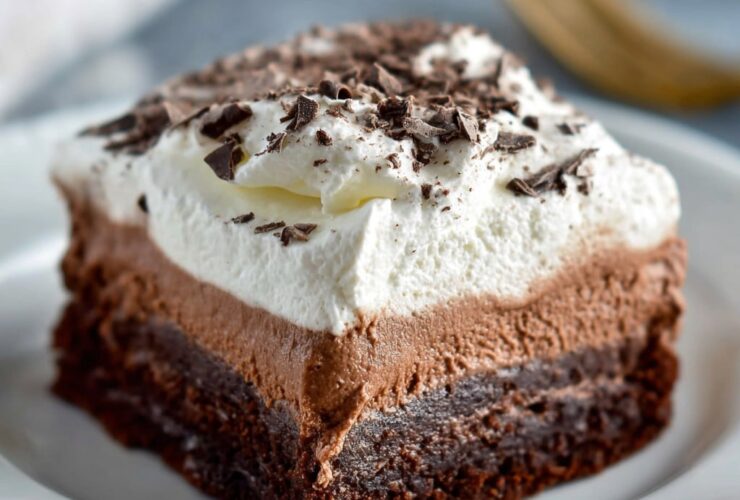 Chocolate French silk brownies with fudgy brownie base, light silky chocolate mousse middle, whipped cream top, and chocolate shavings