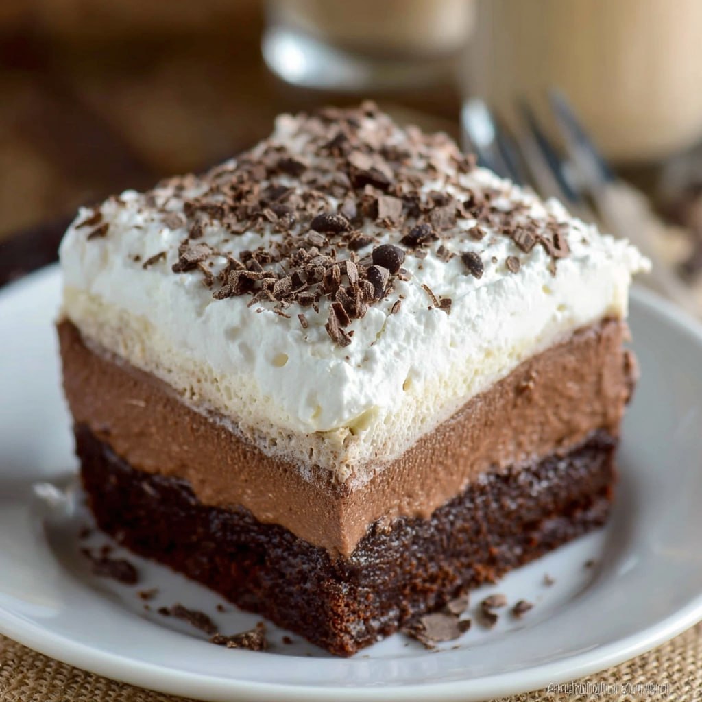 Cross-section of layered French silk brownies showing dense brownie, airy chocolate mousse, fluffy whipped cream layers