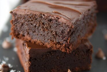 Chocolate mascarpone brownies with creamy white mascarpone swirl through dark fudgy chocolate base, topped with chocolate ganache and sea salt