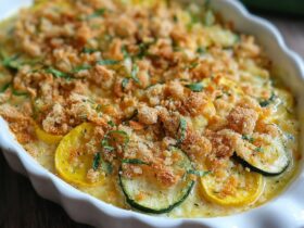 Summer squash casserole with creamy yellow squash filling, melted cheddar, golden Ritz cracker crumb topping, and fresh herbs