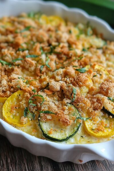 Summer squash casserole with creamy yellow squash filling, melted cheddar, golden Ritz cracker crumb topping, and fresh herbs
