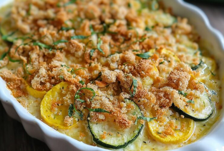 Summer squash casserole with creamy yellow squash filling, melted cheddar, golden Ritz cracker crumb topping, and fresh herbs