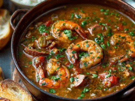 Authentic Cajun gumbo in a Dutch oven with shrimp, andouille sausage, chicken, holy trinity vegetables, dark roux, parsley, served with white rice and crusty bread
