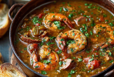 Authentic Cajun gumbo in a Dutch oven with shrimp, andouille sausage, chicken, holy trinity vegetables, dark roux, parsley, served with white rice and crusty bread