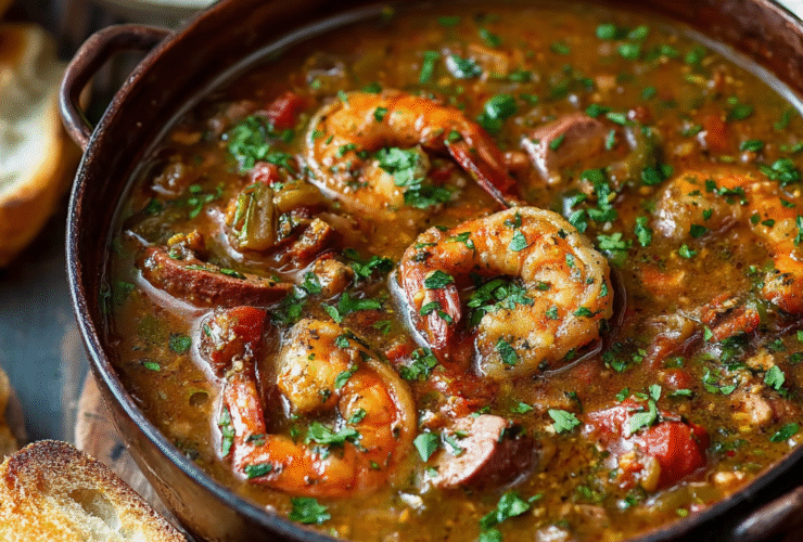 Authentic Cajun gumbo in a Dutch oven with shrimp, andouille sausage, chicken, holy trinity vegetables, dark roux, parsley, served with white rice and crusty bread