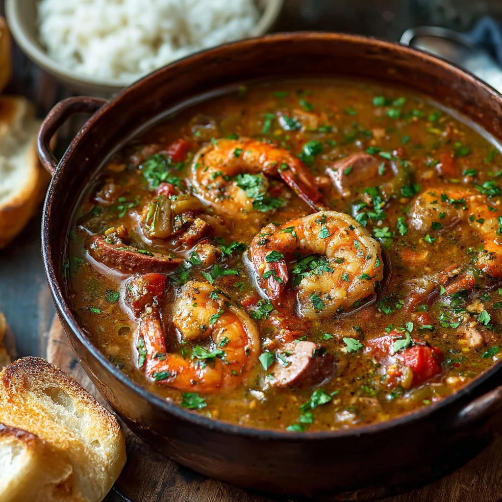 Authentic Cajun gumbo in a Dutch oven with shrimp, andouille sausage, chicken, holy trinity vegetables, dark roux, parsley, served with white rice and crusty bread