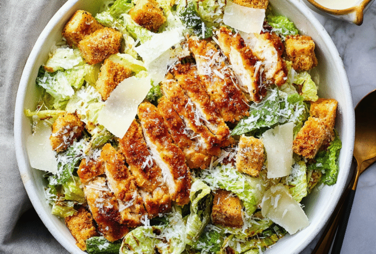 Crispy panko-breaded chicken strips on crisp romaine Caesar salad with parmesan shavings, croutons, and creamy Caesar dressing in a wooden bowl