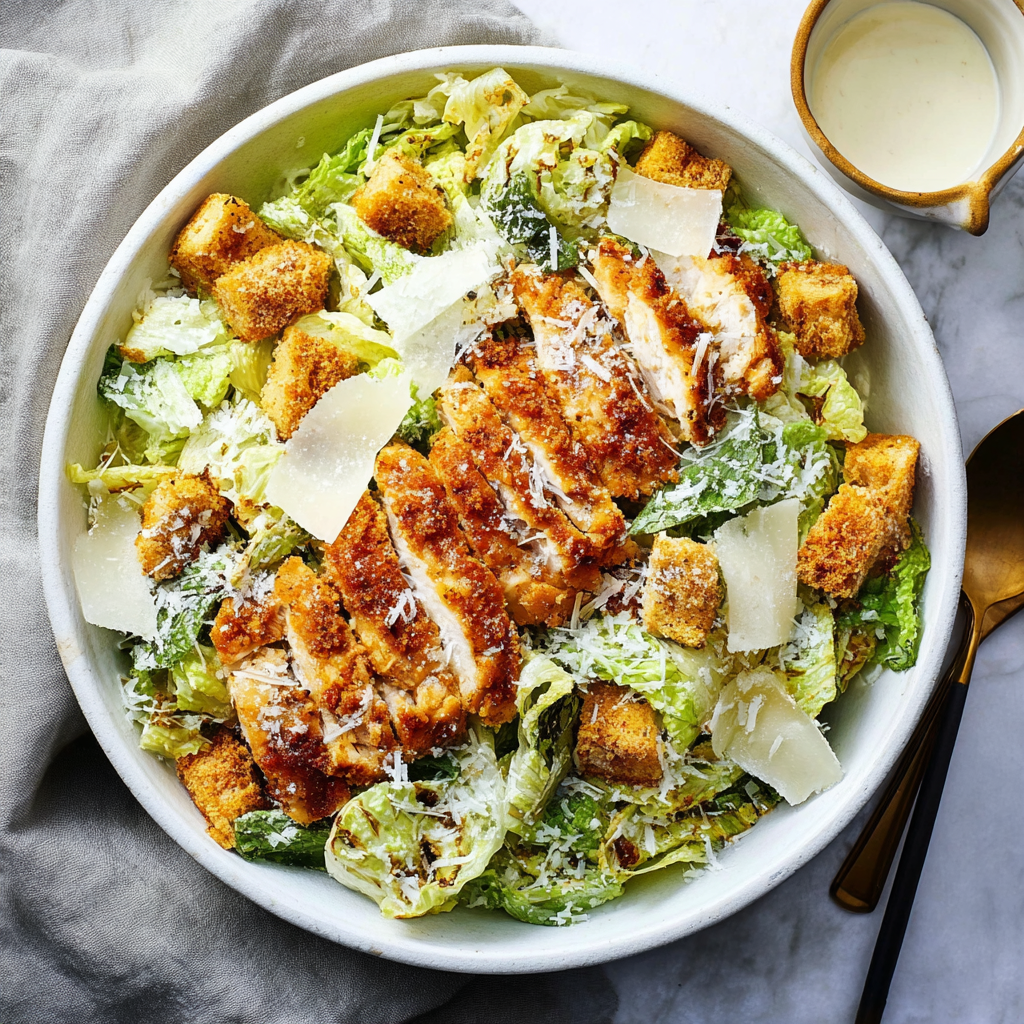 Crispy panko-breaded chicken strips on crisp romaine Caesar salad with parmesan shavings, croutons, and creamy Caesar dressing in a wooden bowl
