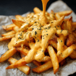 Best cheddar cheese sauce being poured from a saucepan over crispy potato wedges, golden-yellow silky sauce with bubbles, garnished with chives