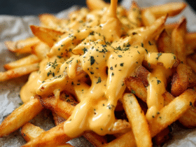 Best cheddar cheese sauce being poured from a saucepan over crispy potato wedges, golden-yellow silky sauce with bubbles, garnished with chives