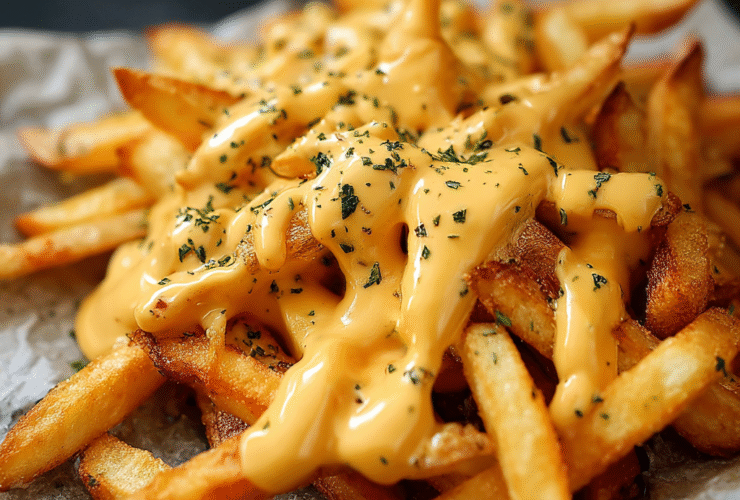 Best cheddar cheese sauce being poured from a saucepan over crispy potato wedges, golden-yellow silky sauce with bubbles, garnished with chives