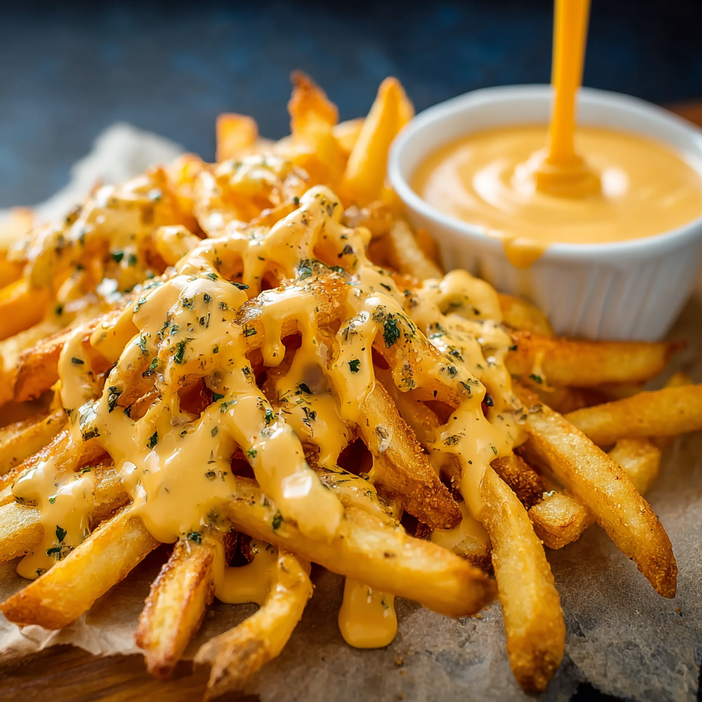 Close-up of glossy cheddar cheese sauce with smooth velvety texture, dipped with pretzel and fries, melted cheddar swirl in a small white bowl