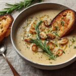 Rosemary and roasted garlic soup in a rustic ceramic bowl with creamy beige broth, caramelized garlic cloves, fresh rosemary sprig, and toasted bread