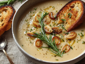 Rosemary and roasted garlic soup in a rustic ceramic bowl with creamy beige broth, caramelized garlic cloves, fresh rosemary sprig, and toasted bread