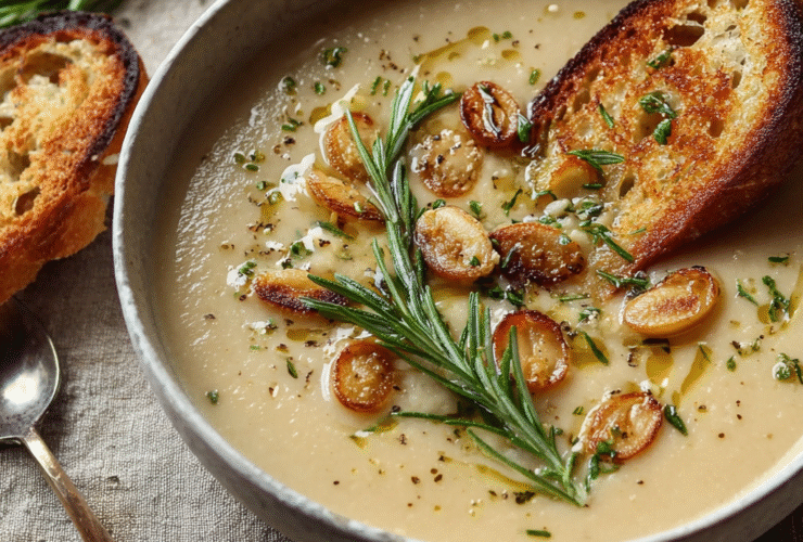 Rosemary and roasted garlic soup in a rustic ceramic bowl with creamy beige broth, caramelized garlic cloves, fresh rosemary sprig, and toasted bread