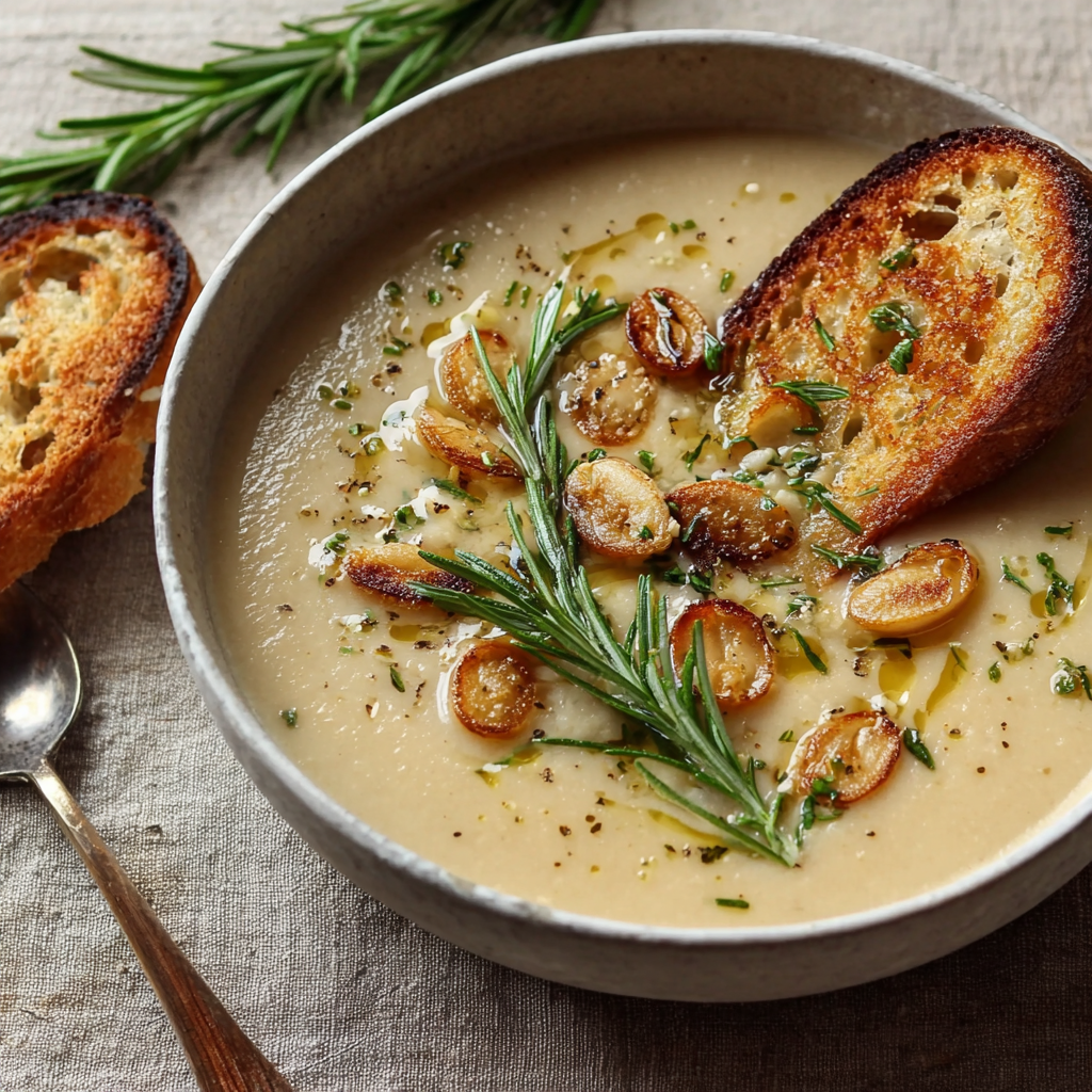 Rosemary and roasted garlic soup in a rustic ceramic bowl with creamy beige broth, caramelized garlic cloves, fresh rosemary sprig, and toasted bread