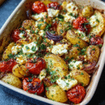Baked feta potatoes in a white ceramic dish with crispy roasted baby potatoes, melted feta cheese, cherry tomatoes, garlic, and fresh herbs