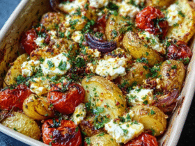 Baked feta potatoes in a white ceramic dish with crispy roasted baby potatoes, melted feta cheese, cherry tomatoes, garlic, and fresh herbs