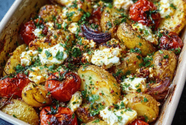 Baked feta potatoes in a white ceramic dish with crispy roasted baby potatoes, melted feta cheese, cherry tomatoes, garlic, and fresh herbs