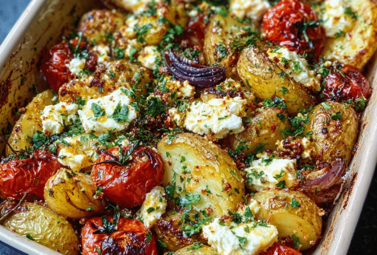 Baked feta potatoes in a white ceramic dish with crispy roasted baby potatoes, melted feta cheese, cherry tomatoes, garlic, and fresh herbs