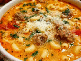 Italian wedding soup in a rustic white bowl with mini meatballs, small macaroni pasta, parmesan, parsley, and a savory red-orange tomato broth