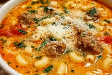 Italian wedding soup in a rustic white bowl with mini meatballs, small macaroni pasta, parmesan, parsley, and a savory red-orange tomato broth