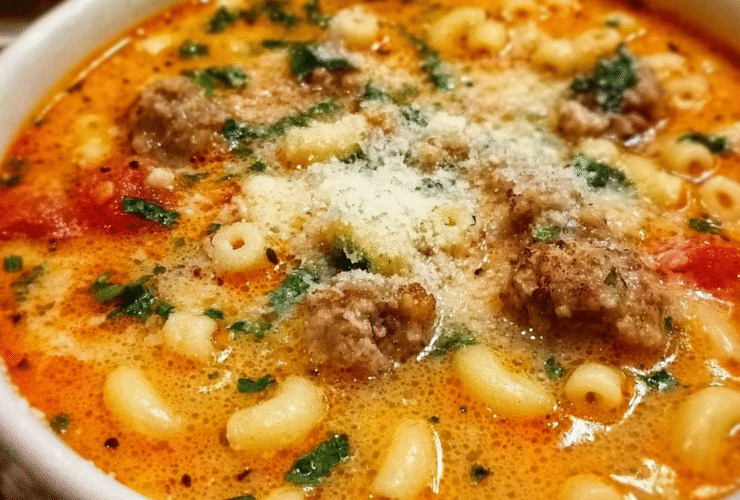 Italian wedding soup in a rustic white bowl with mini meatballs, small macaroni pasta, parmesan, parsley, and a savory red-orange tomato broth