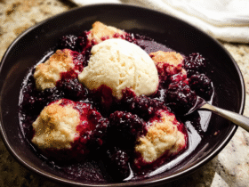 Triple berry cobbler in a dark plate with bubbling blackberry-blueberry-raspberry filling, golden biscuit topping, vanilla ice cream melting on top
