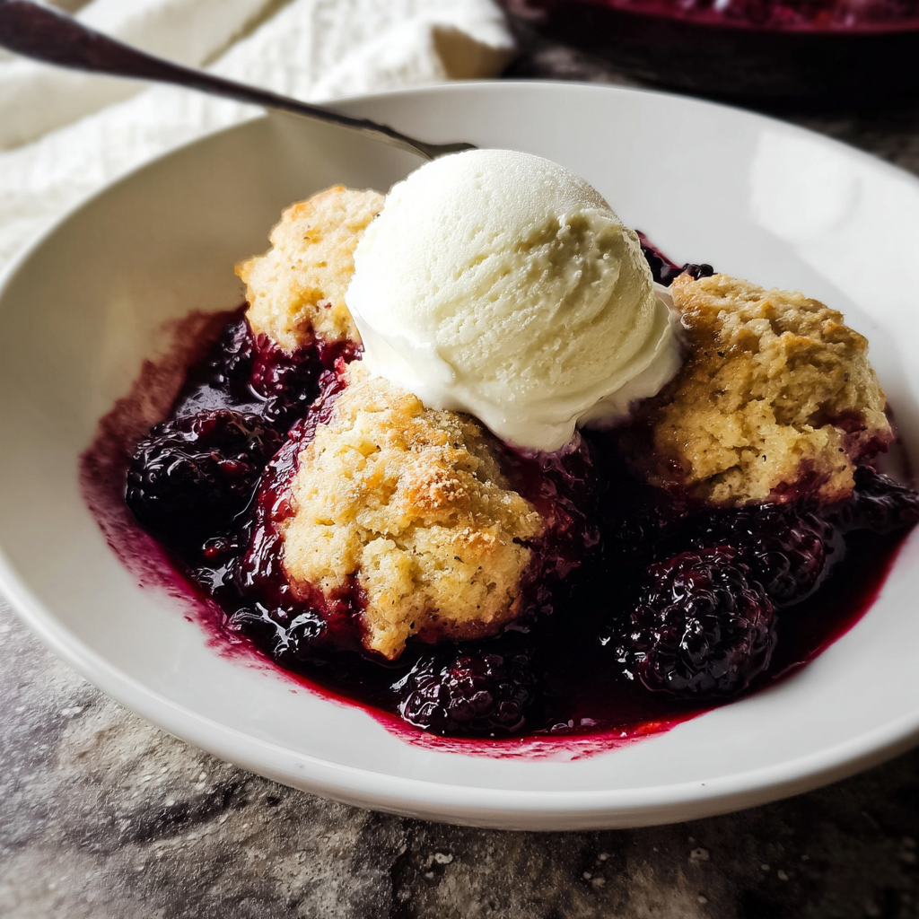 Close-up of triple berry cobbler with deep purple berry juice, browned biscuit dough, sugar crystals, scoop of vanilla ice cream creating drips