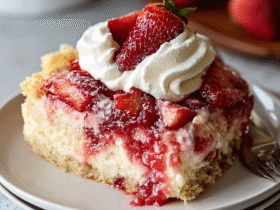 The best strawberry cheesecake on a white plate with classic New York-style creamy filling, golden graham crust, glossy strawberry topping, mint