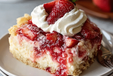 The best strawberry cheesecake on a white plate with classic New York-style creamy filling, golden graham crust, glossy strawberry topping, mint