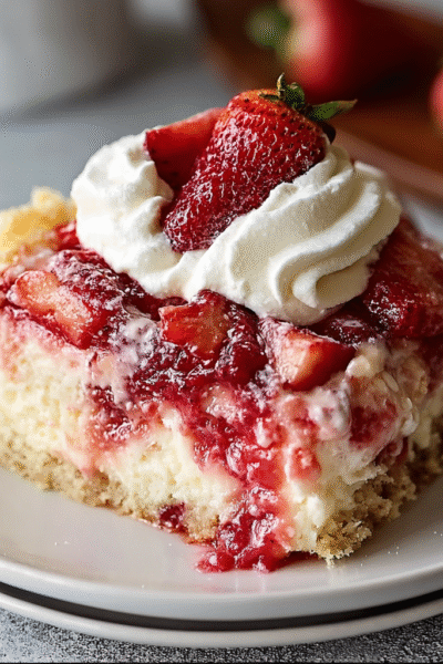 The best strawberry cheesecake on a white plate with classic New York-style creamy filling, golden graham crust, glossy strawberry topping, mint