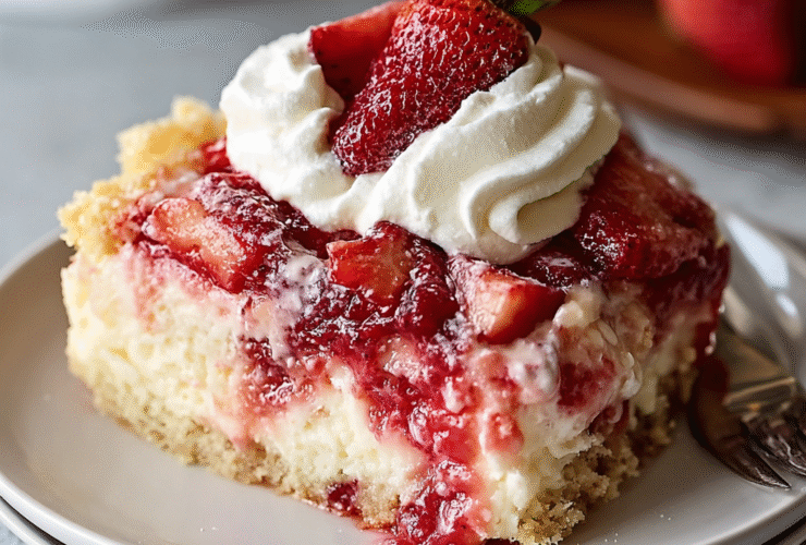 The best strawberry cheesecake on a white plate with classic New York-style creamy filling, golden graham crust, glossy strawberry topping, mint