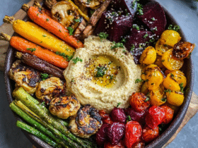 Roasted veggie and hummus bowl with rainbow carrots, beets, brussels sprouts, asparagus, cherry tomatoes around a center of creamy hummus on wooden board
