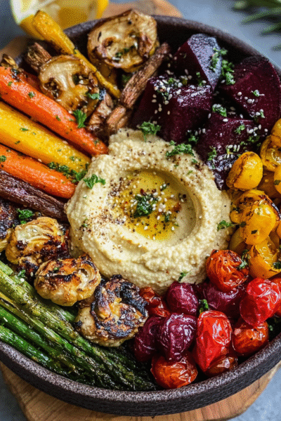 Roasted veggie and hummus bowl with rainbow carrots, beets, brussels sprouts, asparagus, cherry tomatoes around a center of creamy hummus on wooden board