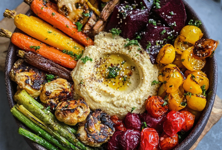 Roasted veggie and hummus bowl with rainbow carrots, beets, brussels sprouts, asparagus, cherry tomatoes around a center of creamy hummus on wooden board