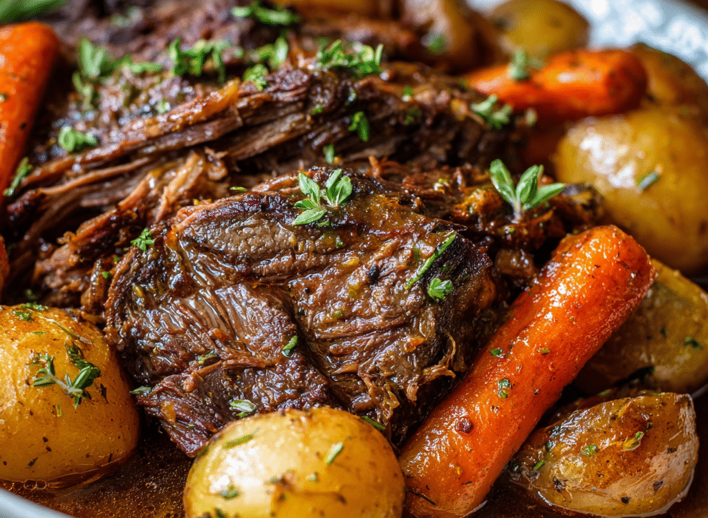 Crockpot chuck roast on a serving platter with fall-apart shredded beef, golden carrots, baby potatoes, gravy, fresh rosemary, and a serving fork