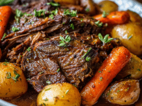 Crockpot chuck roast on a serving platter with fall-apart shredded beef, golden carrots, baby potatoes, gravy, fresh rosemary, and a serving fork