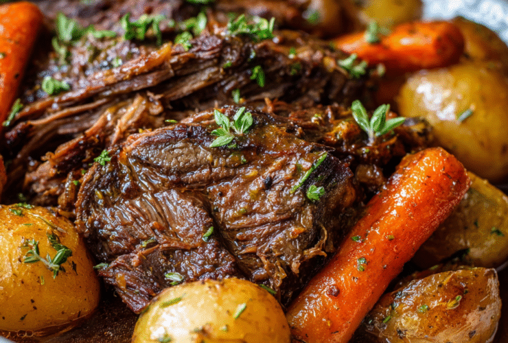 Crockpot chuck roast on a serving platter with fall-apart shredded beef, golden carrots, baby potatoes, gravy, fresh rosemary, and a serving fork