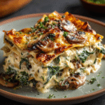 Mushroom and spinach lasagna in a white baking dish with golden-bubbly cheese top, layers of creamy bechamel, mushrooms, spinach and ricotta