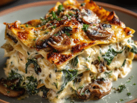 Mushroom and spinach lasagna in a white baking dish with golden-bubbly cheese top, layers of creamy bechamel, mushrooms, spinach and ricotta