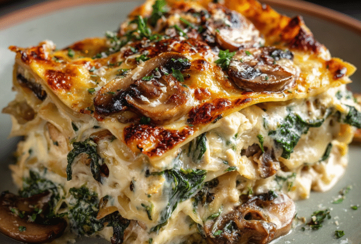 Mushroom and spinach lasagna in a white baking dish with golden-bubbly cheese top, layers of creamy bechamel, mushrooms, spinach and ricotta
