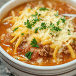 Crockpot lasagna soup in a white bowl with broken lasagna noodles, ground beef, tomato broth, dollop of ricotta, melted mozzarella and basil