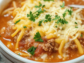 Crockpot lasagna soup in a white bowl with broken lasagna noodles, ground beef, tomato broth, dollop of ricotta, melted mozzarella and basil