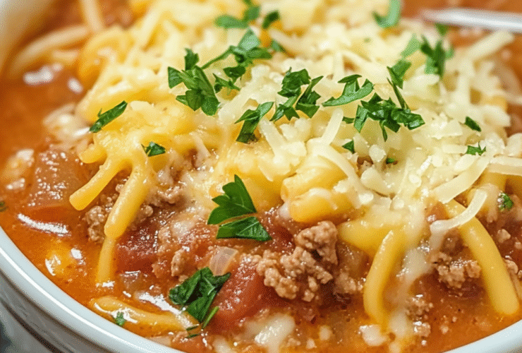 Crockpot lasagna soup in a white bowl with broken lasagna noodles, ground beef, tomato broth, dollop of ricotta, melted mozzarella and basil